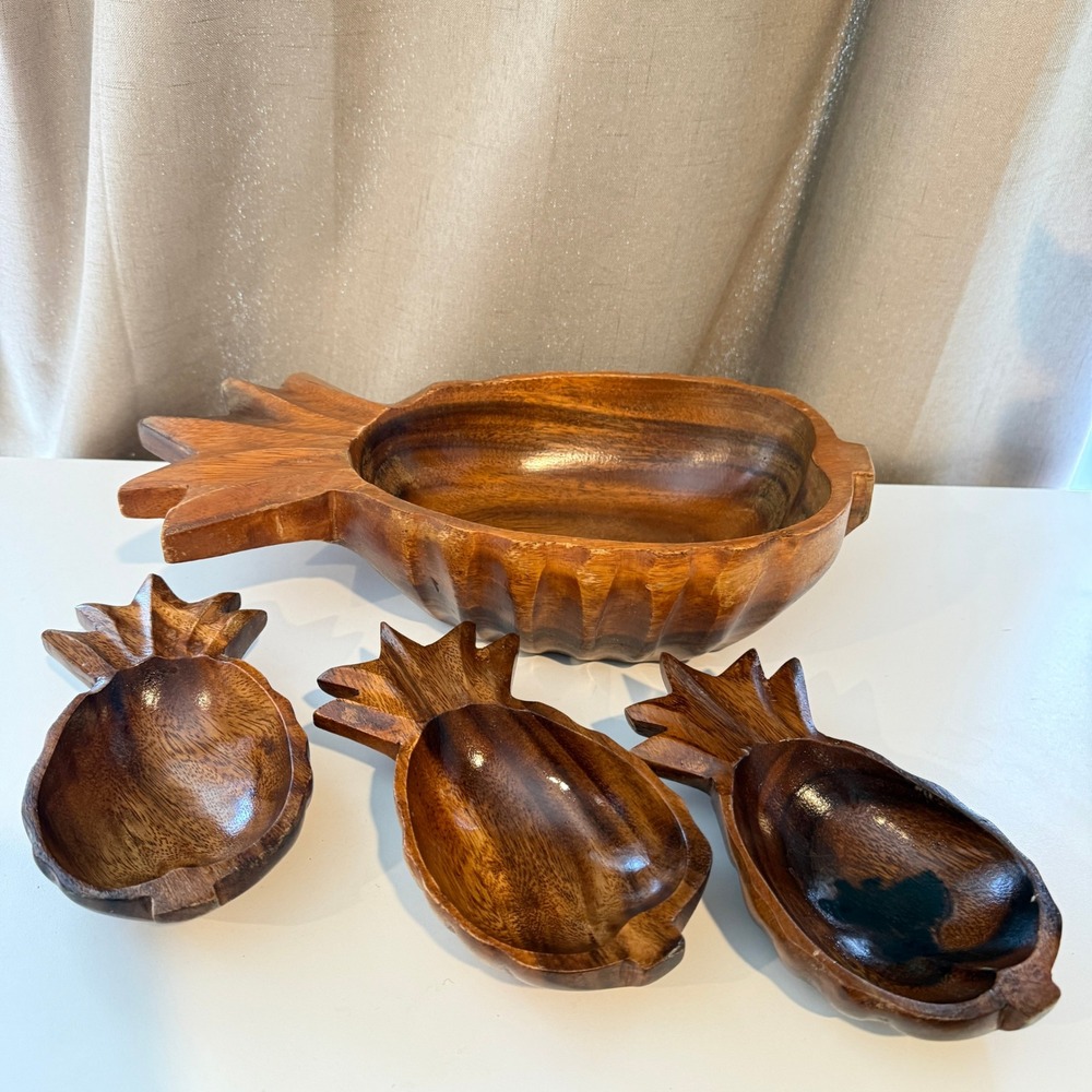 Vintage Monkey Pod Wood Pineapple Serving Set 4 Piece Tiki Hawaiian Decor